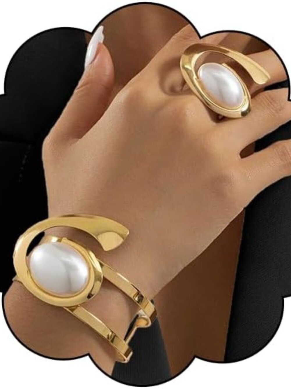 Women Trendy Oval White Acrylic Bracelet Ring Set